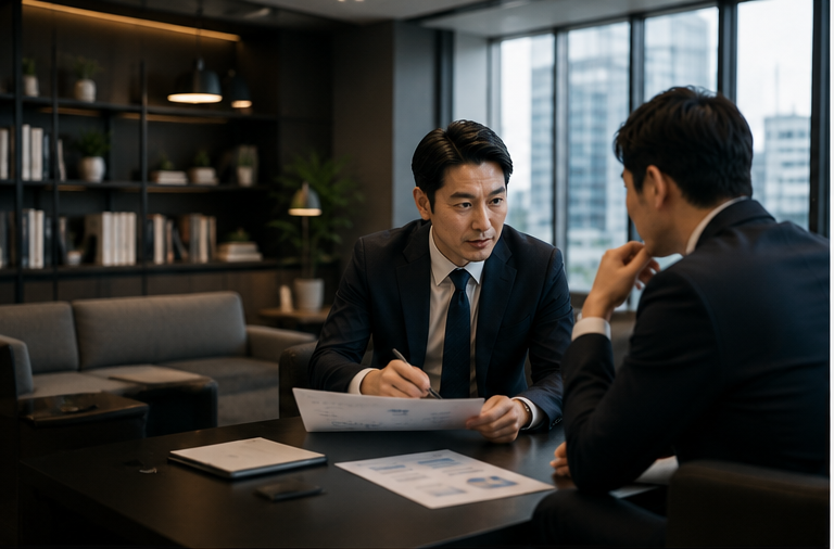 高級オフィスで資料を確認するDX顧問の相談シーン